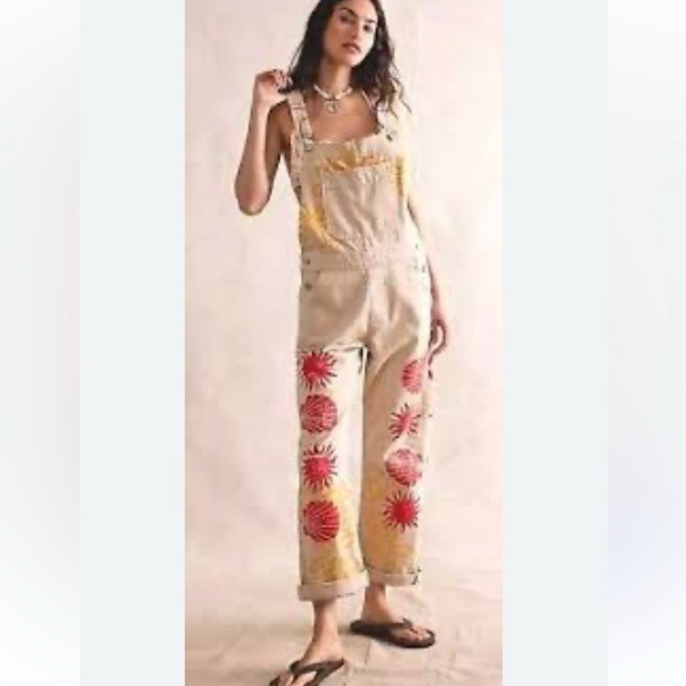 We The Free Beige Overalls with Red Sunburst Embroidery